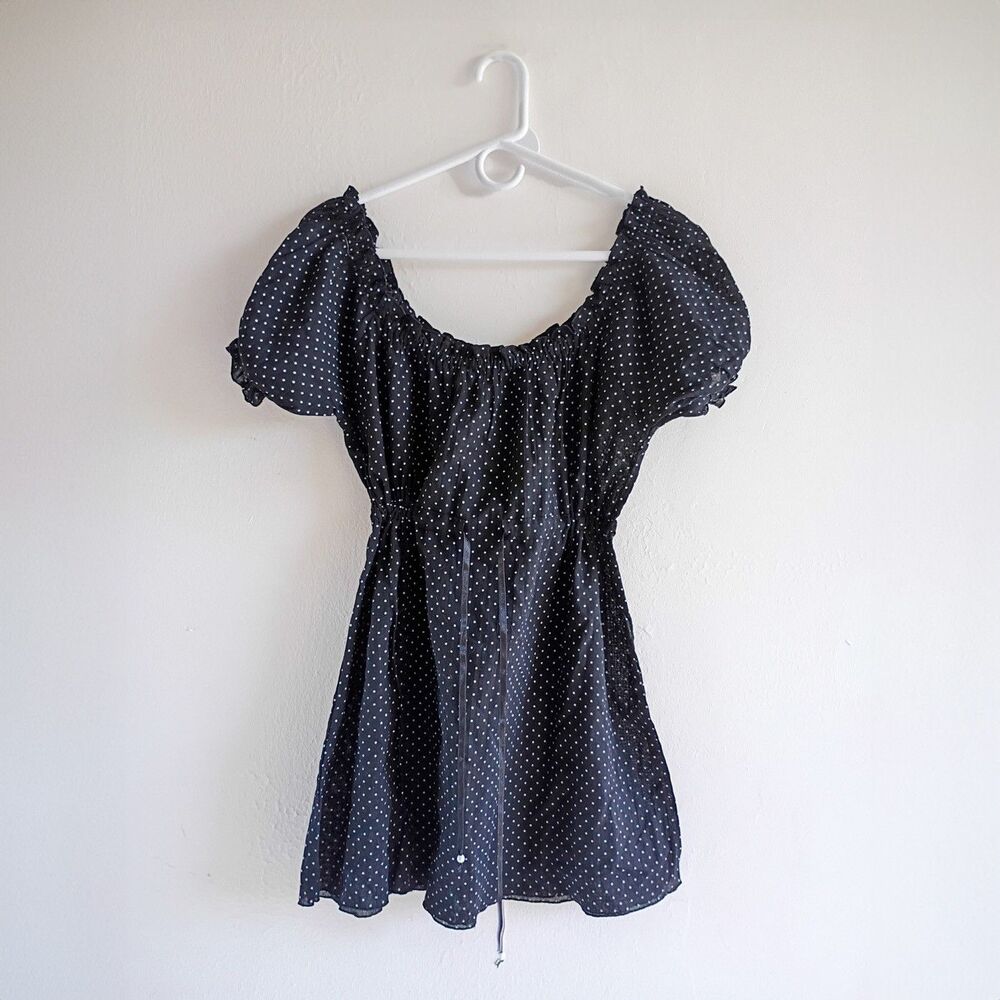 XBAAL Cancun Black Polka Dot Peasant Top Size Large Puff Sleeve Blouse